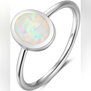 Sterling Silver White Opal Oval Solitaire Ring, size 11